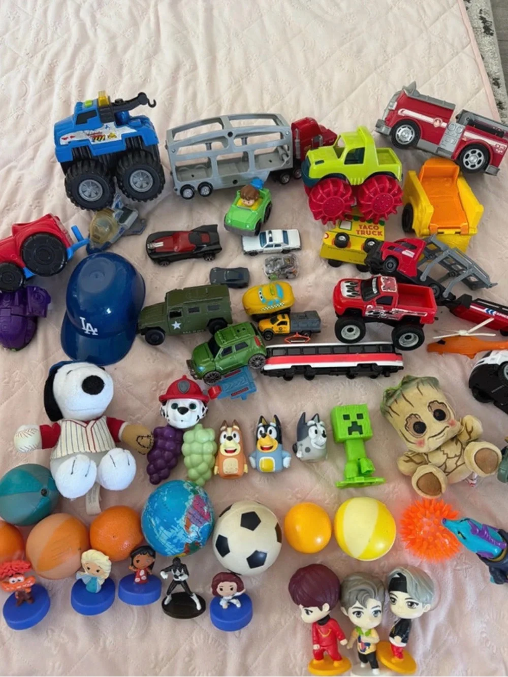 Kids cars, trucks, balls, action figures toy bundle